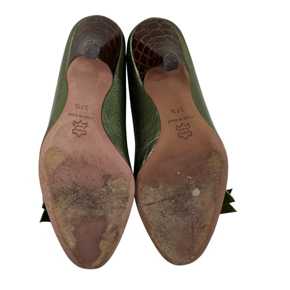 Karen Millen Green Metallic Crocodile Embossed Heels Size 37.5 US 6.5 Velvet Bow - Picture 11 of 11